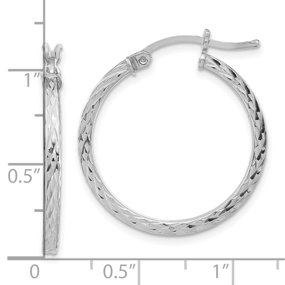 QE8113 Sterling Silver Rhodium-plated Diamond-cut 2x25mm Square Tube Hoop Earrings