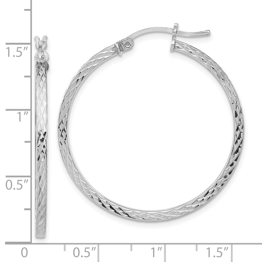 QE8115 Sterling Silver Rhodium-plated Diamond-cut 2x35mm Square Tube Hoop Earrings