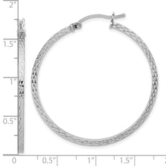 QE8116 Sterling Silver Rhodium-plated Diamond-cut 2x40mm Square Tube Hoop Earrings