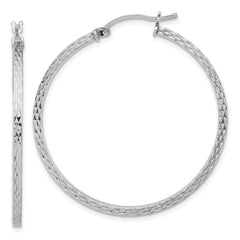 QE8116 Sterling Silver Rhodium-plated Diamond-cut 2x40mm Square Tube Hoop Earrings