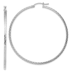 QE8118 Sterling Silver Rhodium-plated Diamond-cut 2x60mm Square Tube Hoop Earrings