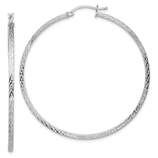 QE8119 Sterling Silver Rhodium-plated Diamond-cut 2x55mm Square Tube Hoop Earrings