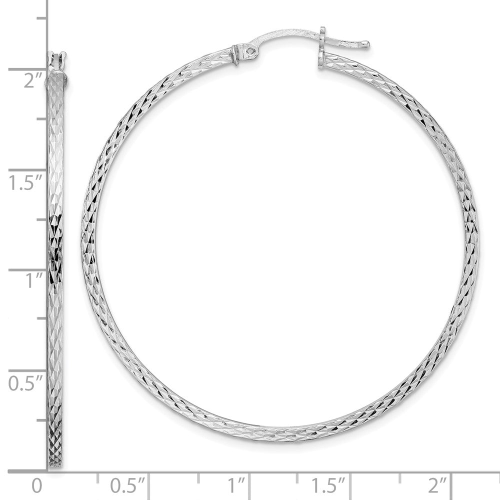 QE8120 Sterling Silver Rhodium-plated Diamond-cut 2x50mm Square Tube Hoop Earrings