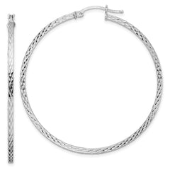 QE8120 Sterling Silver Rhodium-plated Diamond-cut 2x50mm Square Tube Hoop Earrings