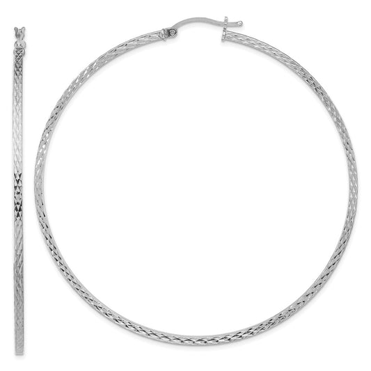 QE8121 Sterling Silver Rhodium-plated Diamond-cut 2x70mm Square Tube Hoop Earrings