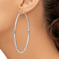 QE8122 Sterling Silver Rhodium-plated Diamond-cut 2x80mm Square Tube Hoop Earrings