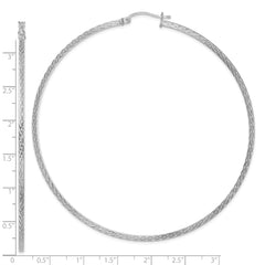 QE8122 Sterling Silver Rhodium-plated Diamond-cut 2x80mm Square Tube Hoop Earrings