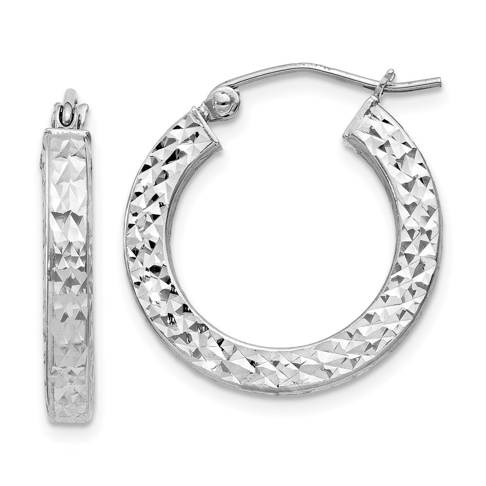 QE8133 Sterling Silver Rhodium-plated Diamond-cut 3x20mm Square Tube Hoop Earrings
