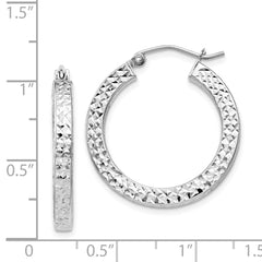 QE8134 Sterling Silver Rhodium-plated Diamond-cut 3x25mm Square Tube Hoop Earrings