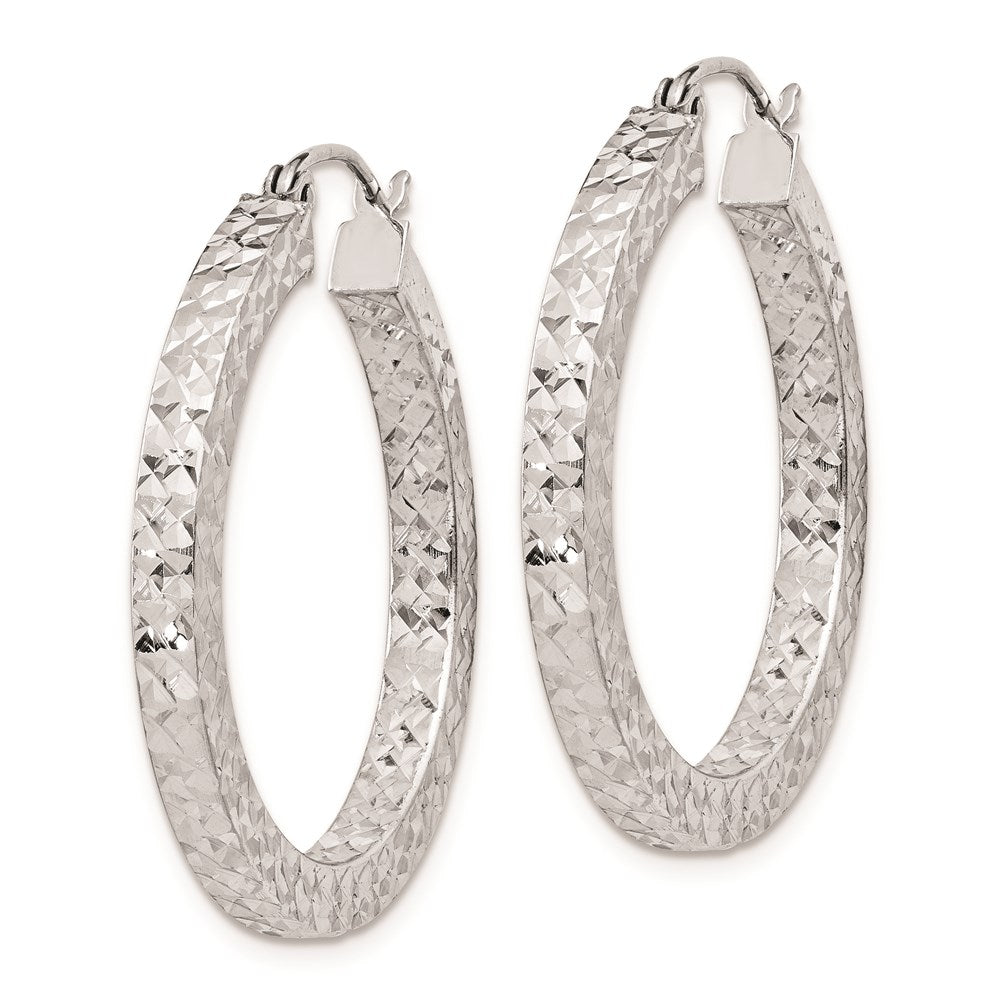 QE8135 Sterling Silver Rhodium-plated Diamond-cut 3x30mm Square Tube Hoop Earrings