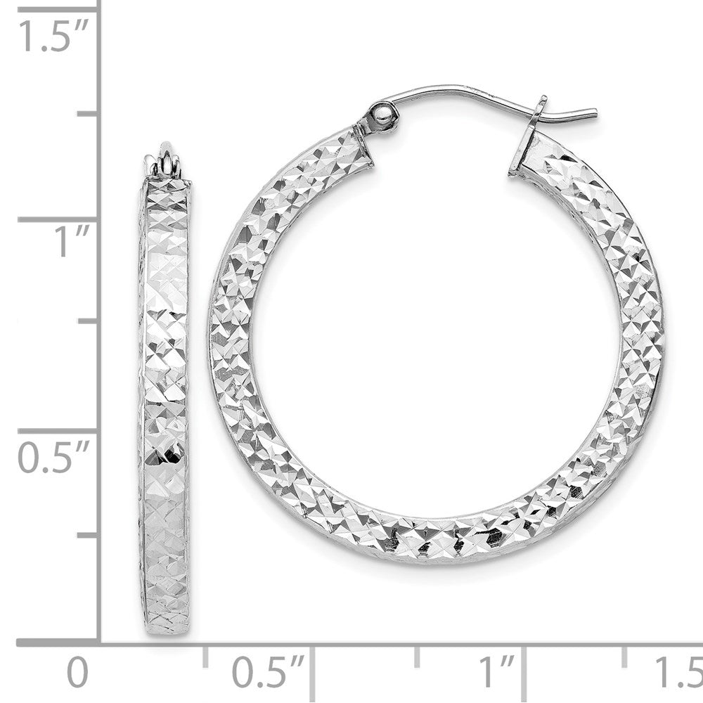 QE8135 Sterling Silver Rhodium-plated Diamond-cut 3x30mm Square Tube Hoop Earrings