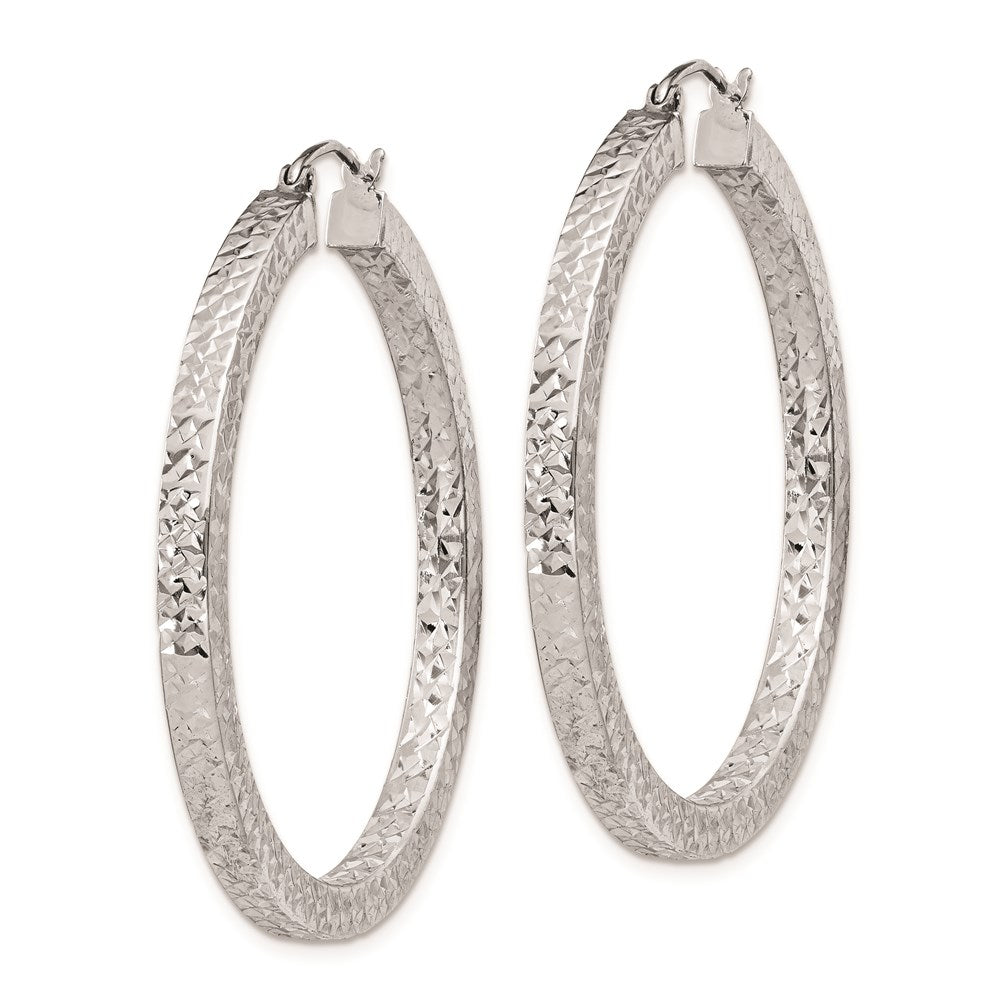 QE8137 Sterling Silver Rhodium-plated Diamond-cut 3x40mm Square Tube Hoop Earrings