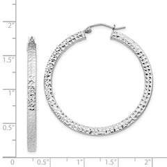 QE8137 Sterling Silver Rhodium-plated Diamond-cut 3x40mm Square Tube Hoop Earrings