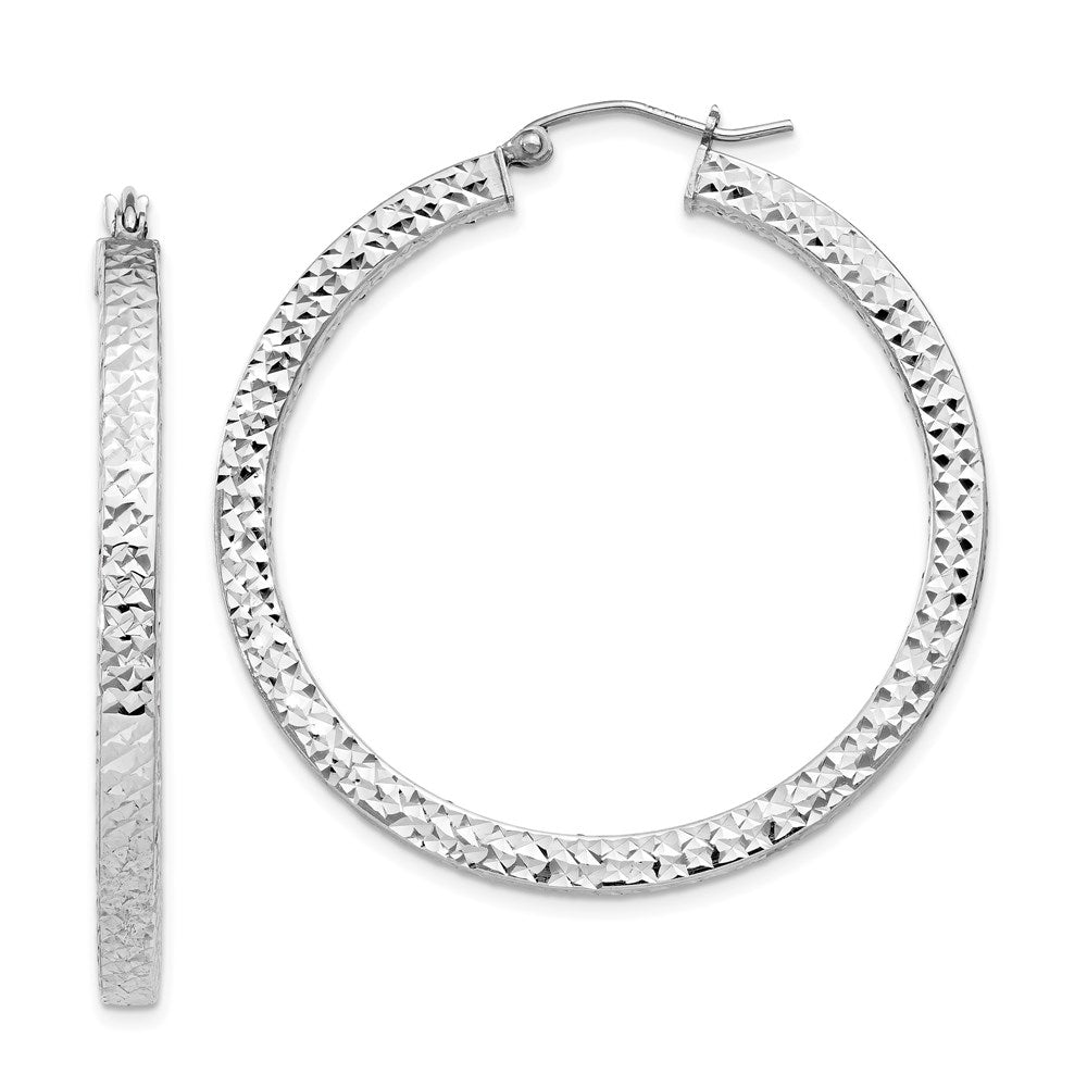 QE8137 Sterling Silver Rhodium-plated Diamond-cut 3x40mm Square Tube Hoop Earrings