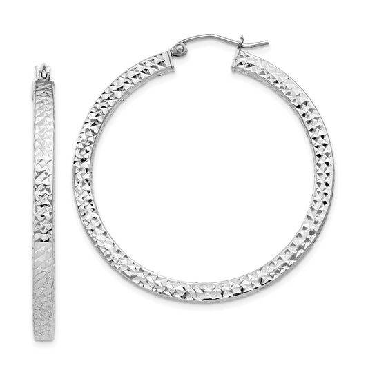 QE8137 Sterling Silver Rhodium-plated Diamond-cut 3x40mm Square Tube Hoop Earrings
