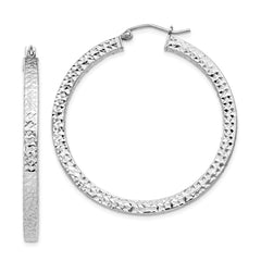 QE8137 Sterling Silver Rhodium-plated Diamond-cut 3x40mm Square Tube Hoop Earrings