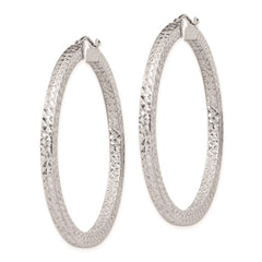 QE8138 Sterling Silver Rhodium-plated Diamond-cut 3x45mm Square Tube Hoop Earrings