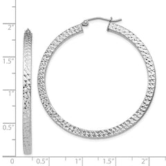QE8138 Sterling Silver Rhodium-plated Diamond-cut 3x45mm Square Tube Hoop Earrings