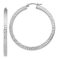QE8138 Sterling Silver Rhodium-plated Diamond-cut 3x45mm Square Tube Hoop Earrings