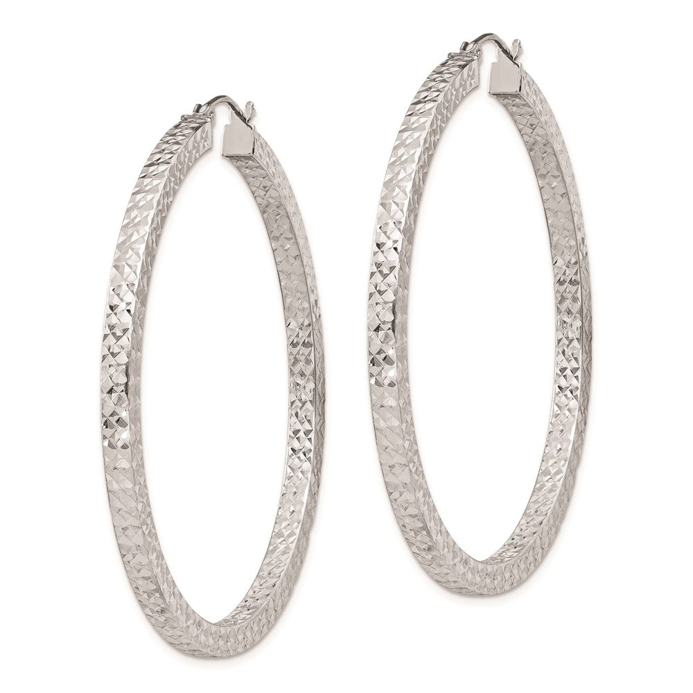 QE8139 Sterling Silver Rhodium-plated Diamond-cut 3x50mm Square Tube Hoop Earrings