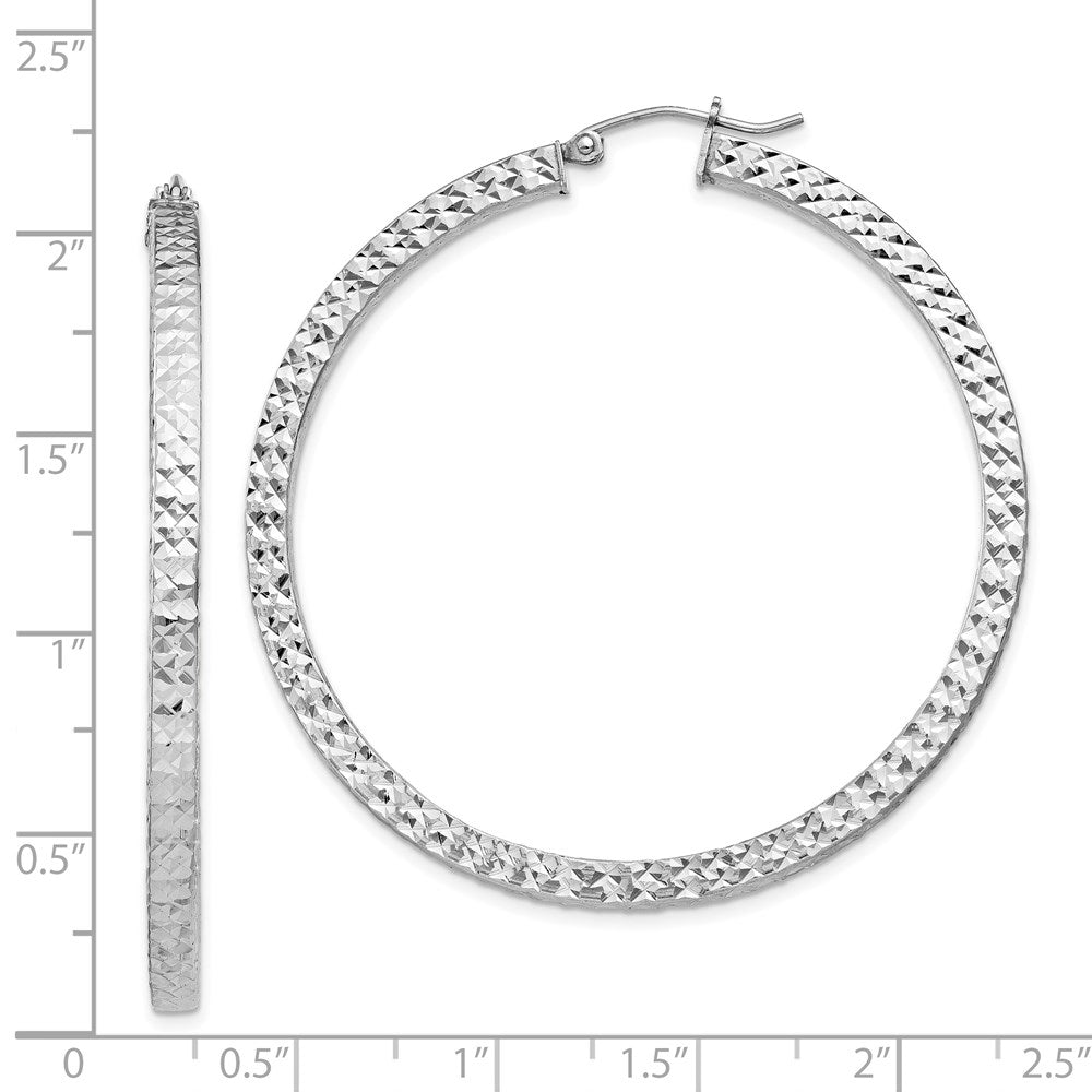 QE8139 Sterling Silver Rhodium-plated Diamond-cut 3x50mm Square Tube Hoop Earrings