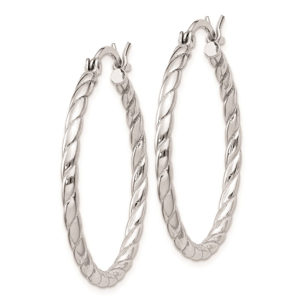 QE8217 Sterling Silver Rhodium Plated 2x30mm Twisted Hoop Earrings