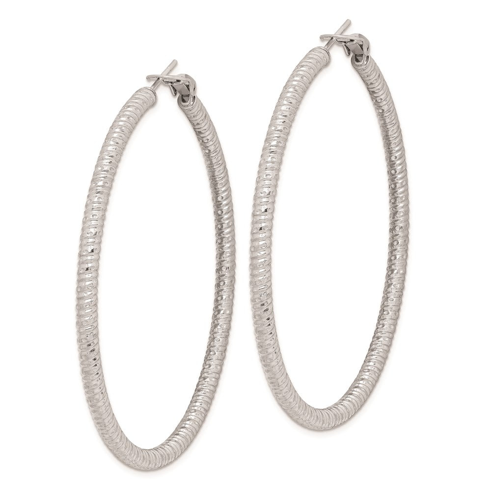 QE8221 Sterling Silver Rhod-plated 3.25x60mm Omega Back Hoop Earrings