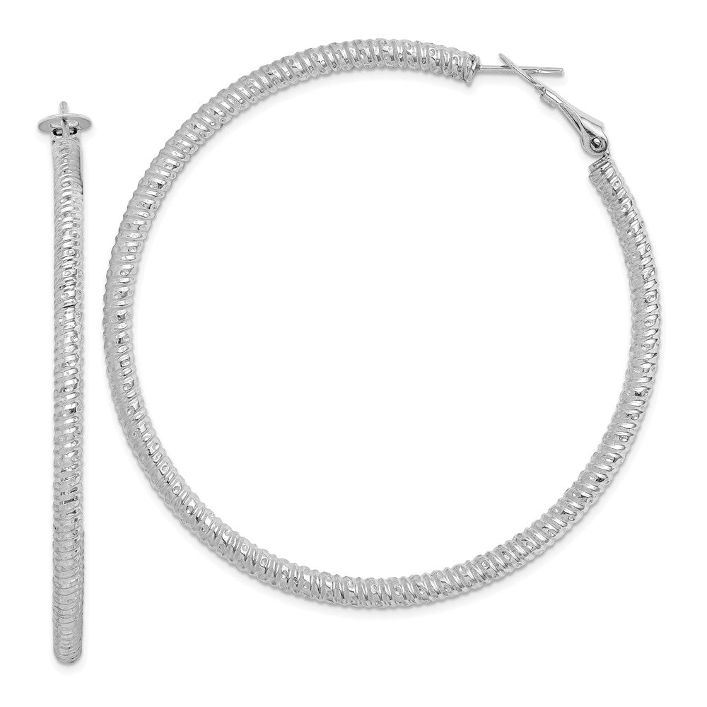 QE8221 Sterling Silver Rhod-plated 3.25x60mm Omega Back Hoop Earrings