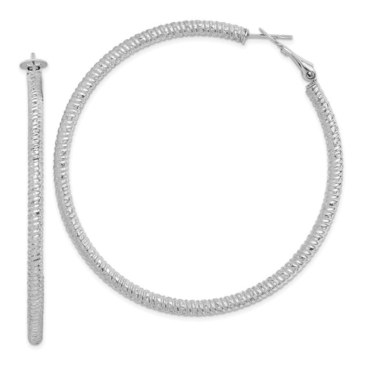 QE8221 Sterling Silver Rhod-plated 3.25x60mm Omega Back Hoop Earrings