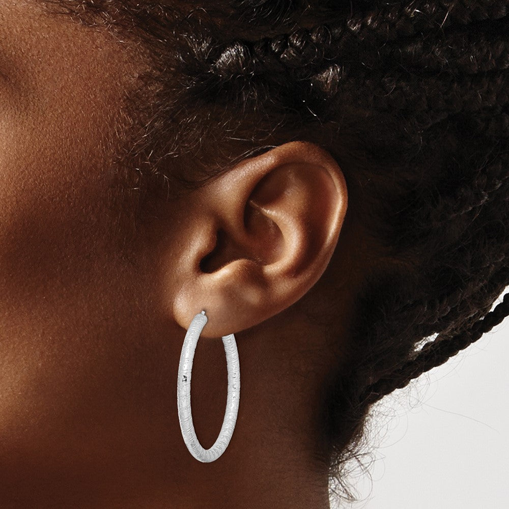 QE8223 Sterling Silver Rhod-plated 3.25x40mm Omega Back Hoop Earrings