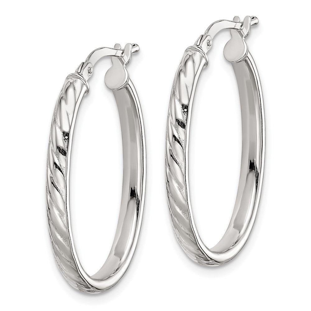QE8258 Sterling Silver Rhod-plated Textured 3mm Hollow Oval Hoop Earrings