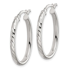 QE8258 Sterling Silver Rhod-plated Textured 3mm Hollow Oval Hoop Earrings