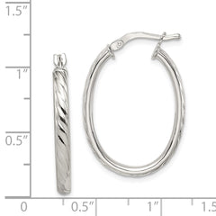 QE8258 Sterling Silver Rhod-plated Textured 3mm Hollow Oval Hoop Earrings
