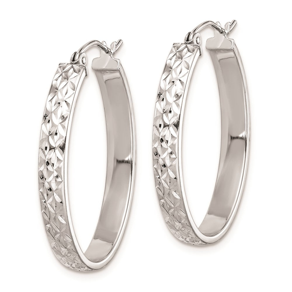QE8263 Sterling Silver Rhodium-plated Diamond-cut 4mm Oval Hoop Earrings