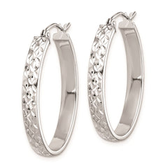 QE8263 Sterling Silver Rhodium-plated Diamond-cut 4mm Oval Hoop Earrings