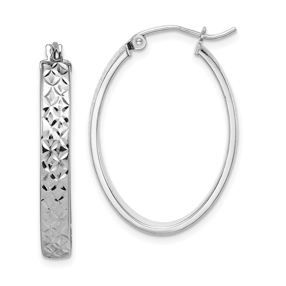 QE8263 Sterling Silver Rhodium-plated Diamond-cut 4mm Oval Hoop Earrings