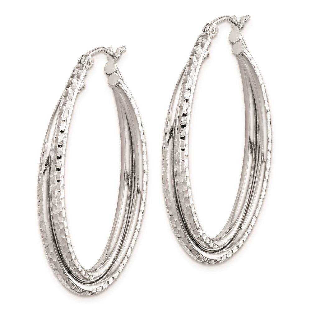 QE8266 Sterling Silver Rhodium Plated Textured Double Oval Hoop Earrings