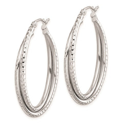 QE8266 Sterling Silver Rhodium Plated Textured Double Oval Hoop Earrings