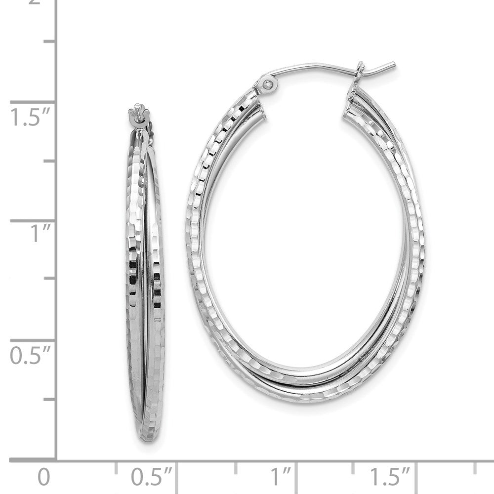 QE8266 Sterling Silver Rhodium Plated Textured Double Oval Hoop Earrings