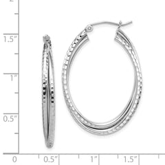 QE8266 Sterling Silver Rhodium Plated Textured Double Oval Hoop Earrings