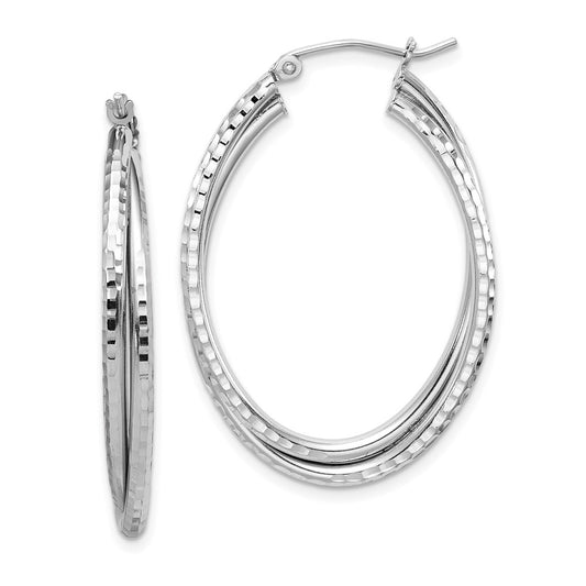 QE8266 Sterling Silver Rhodium Plated Textured Double Oval Hoop Earrings
