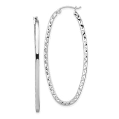 QE8267 Sterling Silver Rhodium-plated Diamond-cut 2mm Oval Hoop Earrings