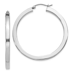 QE826 Sterling Silver Rhodium-plated 3x40mm Square Tube Hoop Earrings