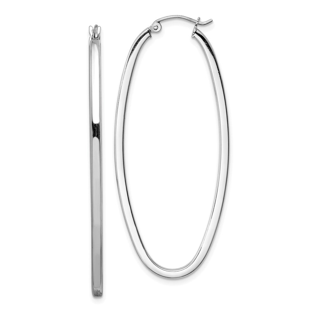 QE8270 Sterling Silver Rhodium-plated 2mm Square Tube Oval Hoop Earrings