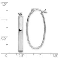 QE8274 Sterling Silver Rhodium-plated Beveled Edge 4mm Oval Hoop Earrings