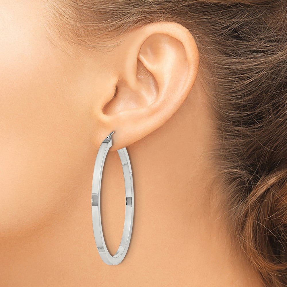 QE828SP Sterling Silver 3x50mm Square Tube Hoop Earrings