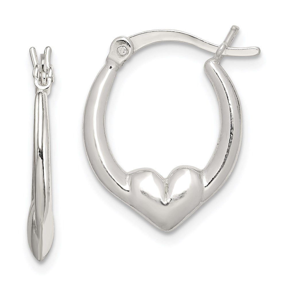 QE8332 Sterling Silver Polished Heart Oval Hoop Earrings