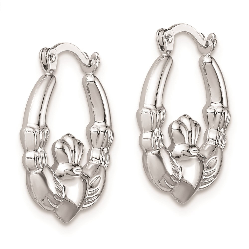 QE8334 Sterling Silver Rhodium-lated Claddagh Hollow Round Hoop Earrings