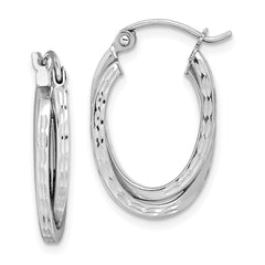 QE8370 Sterling Silver Rhodium Plated Textured Double Oval Hoop Earrings