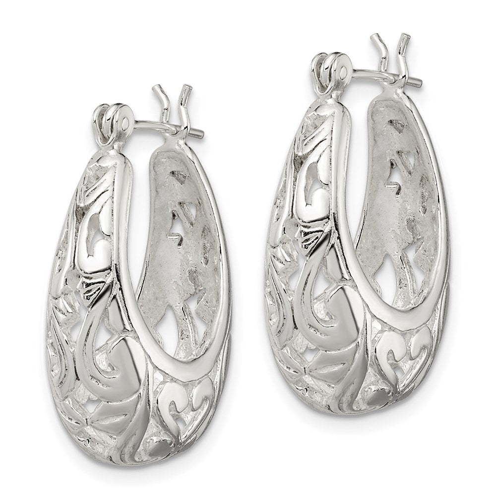 QE8371 Sterling Silver Polished Filigree Oval Hoop Earrings